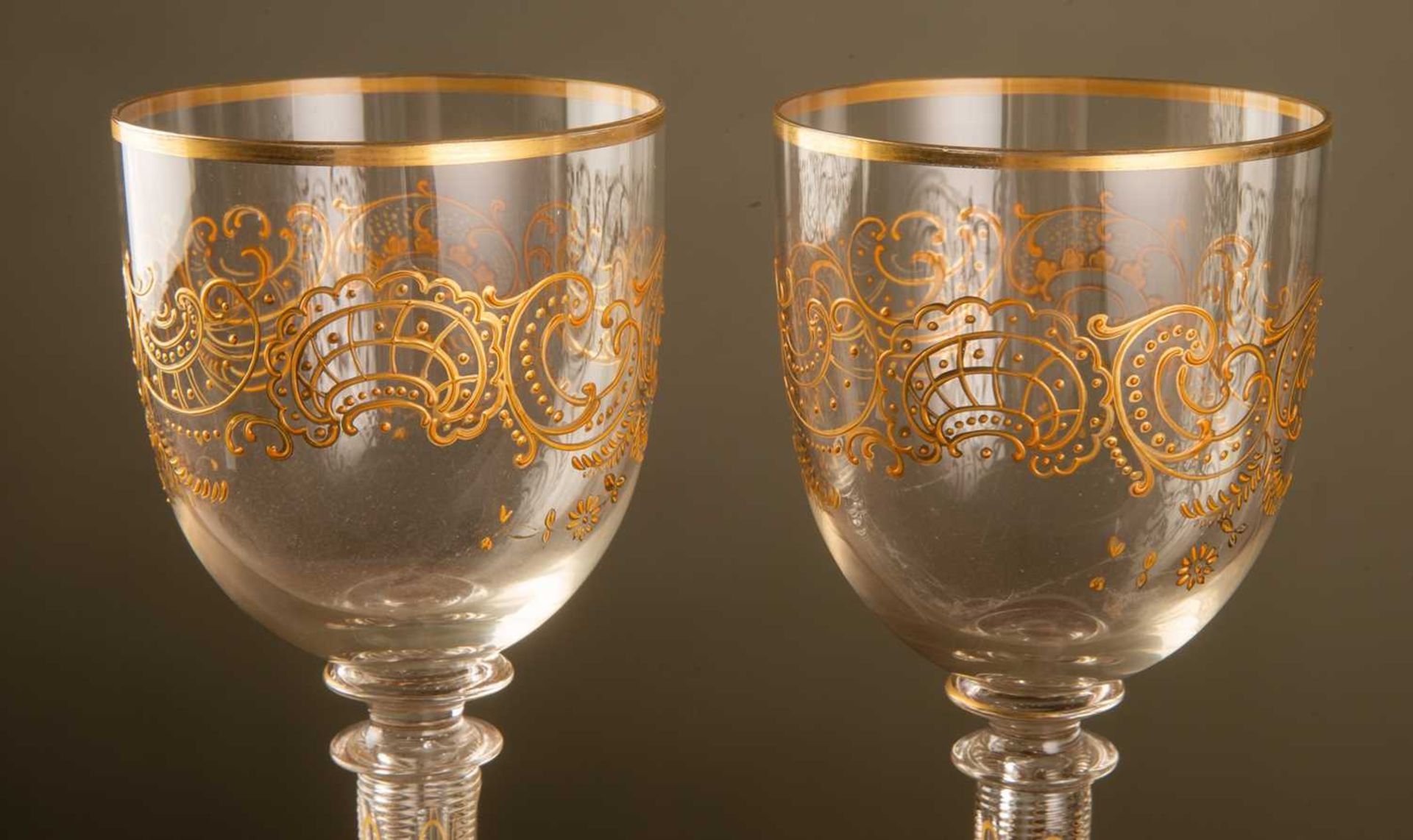 A pair of 19th century gilt decorated tall glasses with trumpet rimmed bases, 23cm high (2)Some - Image 2 of 2