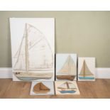 A large painted wooden relief picture on canvas depicting a sailing ship, 61.5cm wide, 92cm high;