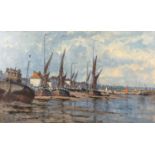 John Neale (20th century) Barges on the river by Pin Mill, Suffolk, oil on board, signed lower left,