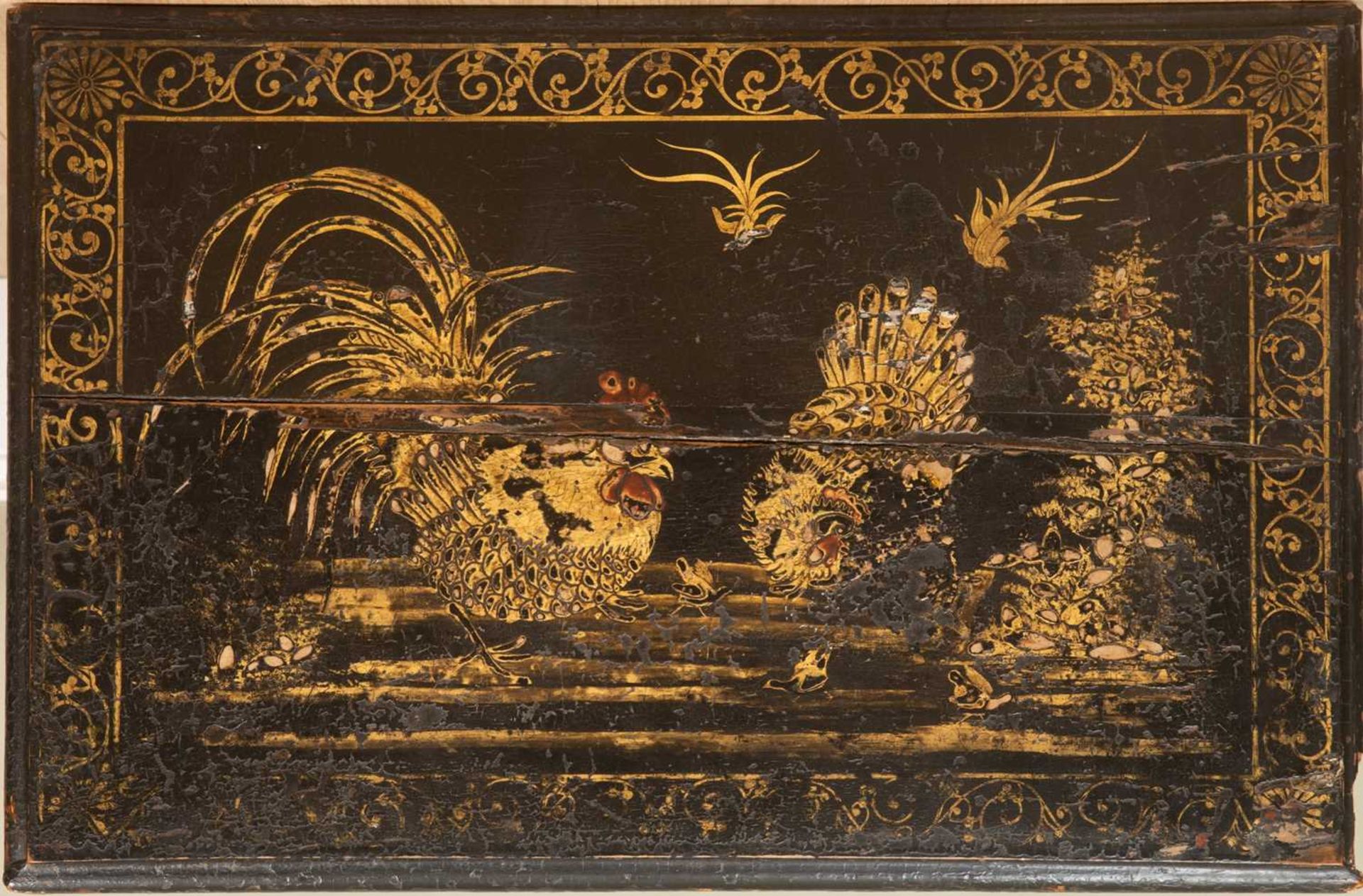 An early 18th century and later black lacquered chinoiserie decorated lowboy, with village and - Image 7 of 7