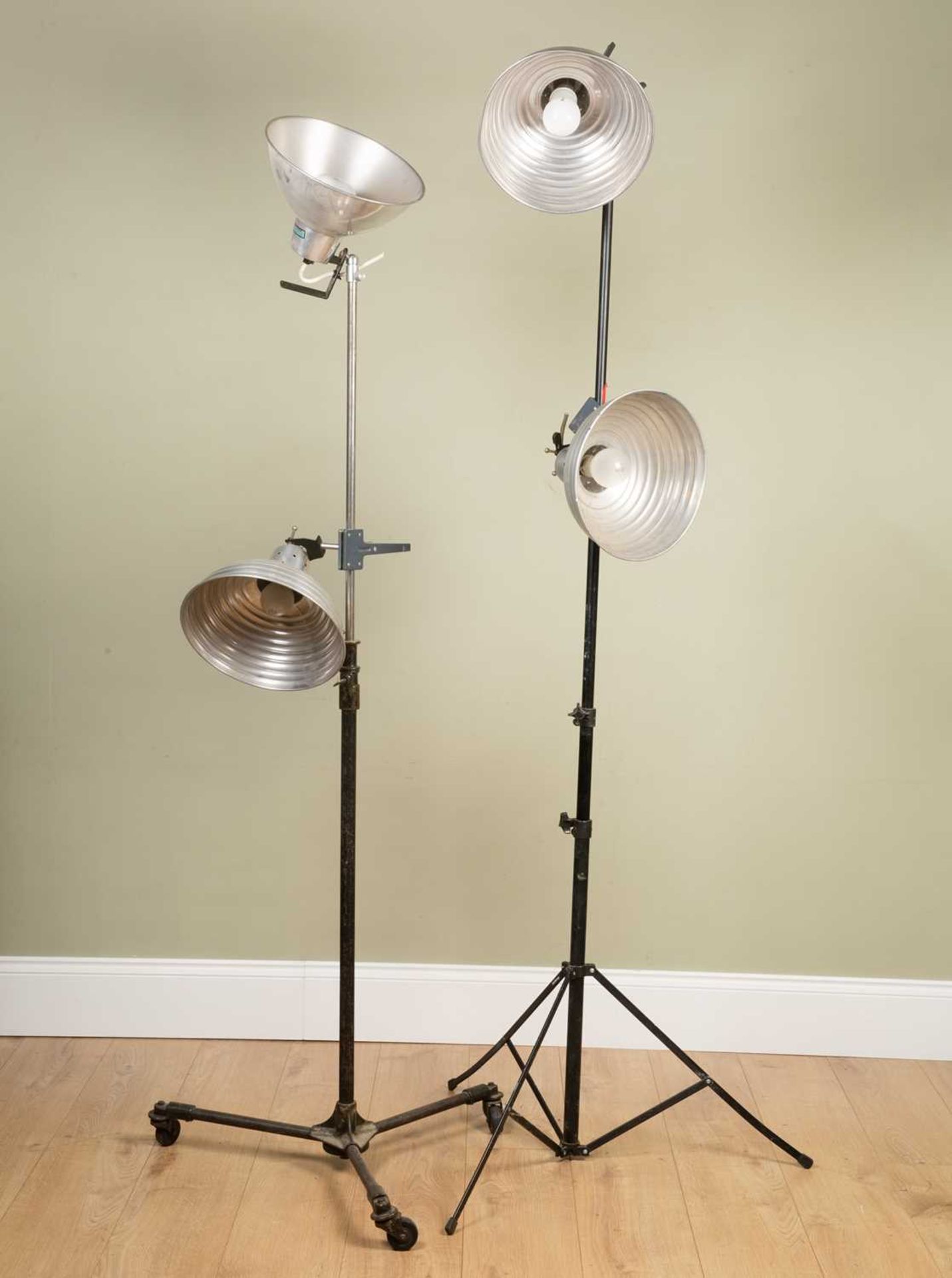 Two industrial lights, each with two spun aluminium shades, 28cm diameterNot electrically tested,