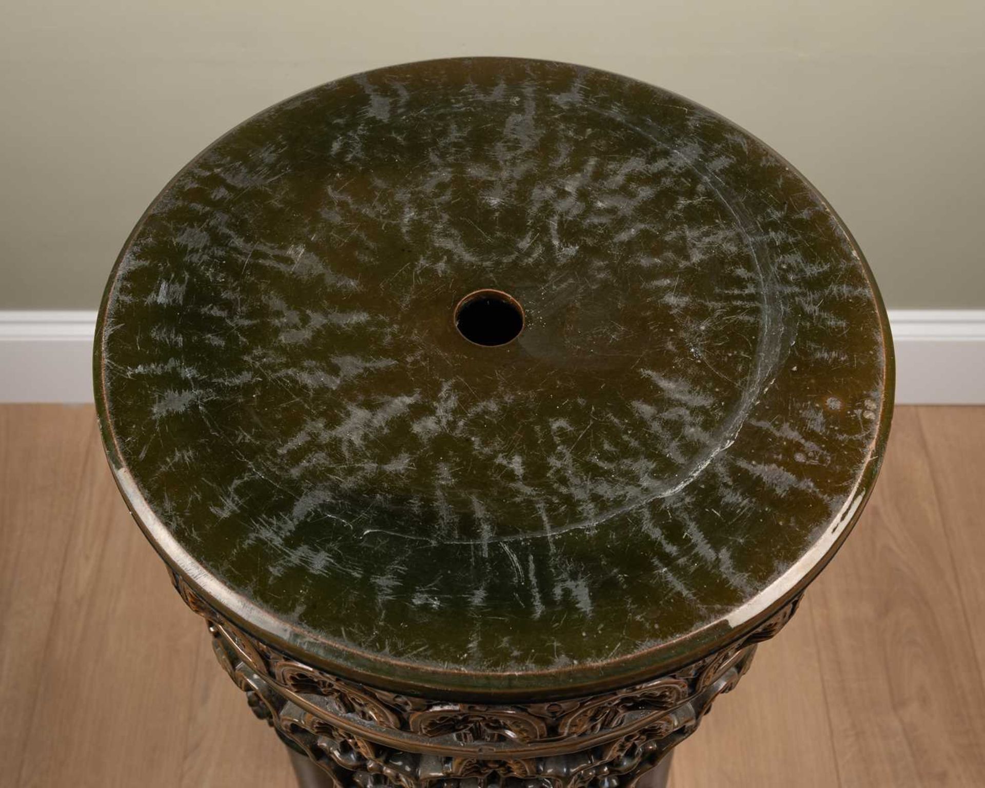 A Clement Massier (1844-1917) Alhambra jardiniere stand in green glazed terracotta, 42.5cm diameter, - Image 5 of 6
