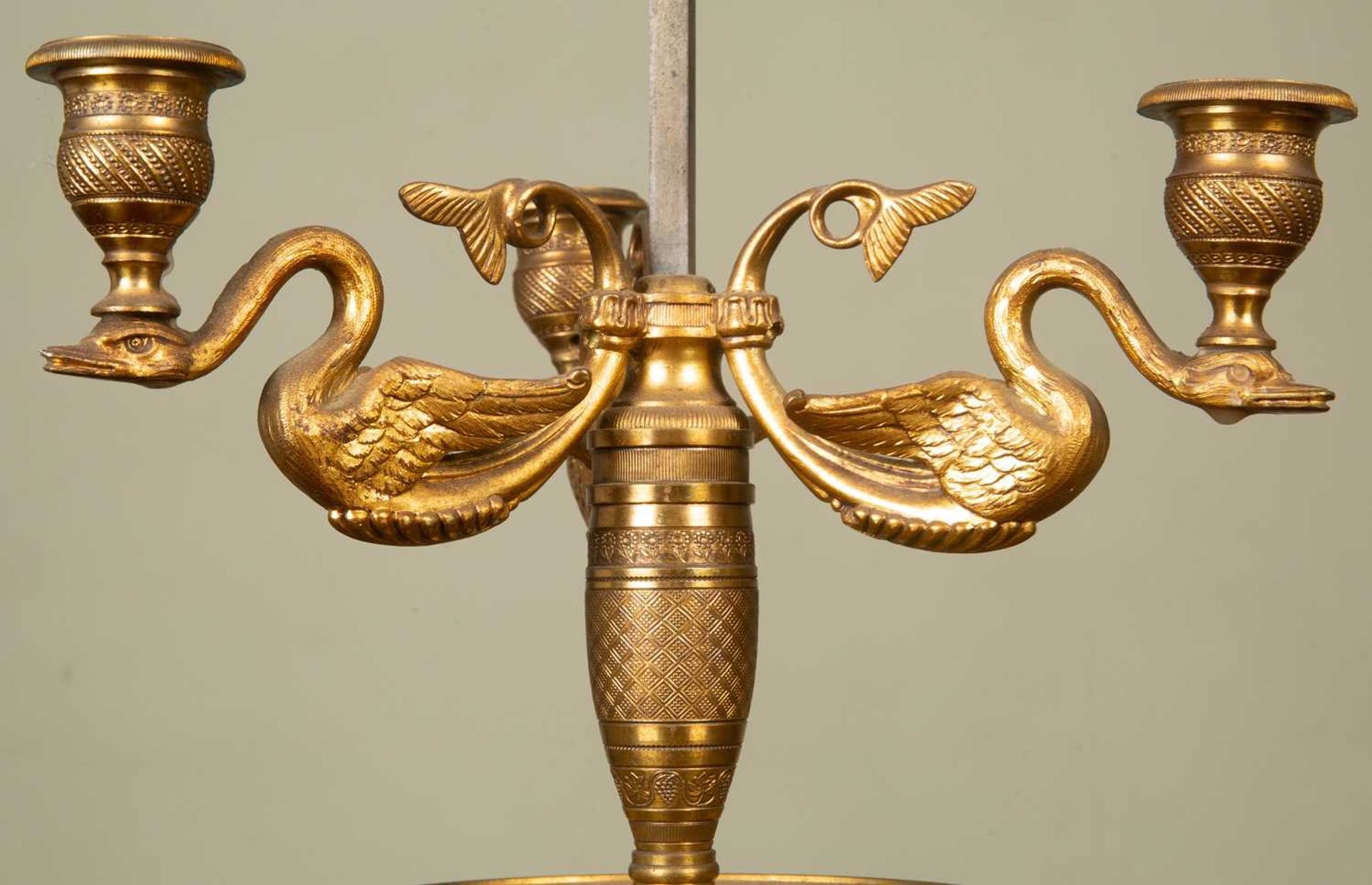 An antique ormolu bouillotte table lamp, the three branches cast in the form of swans on a - Image 2 of 3