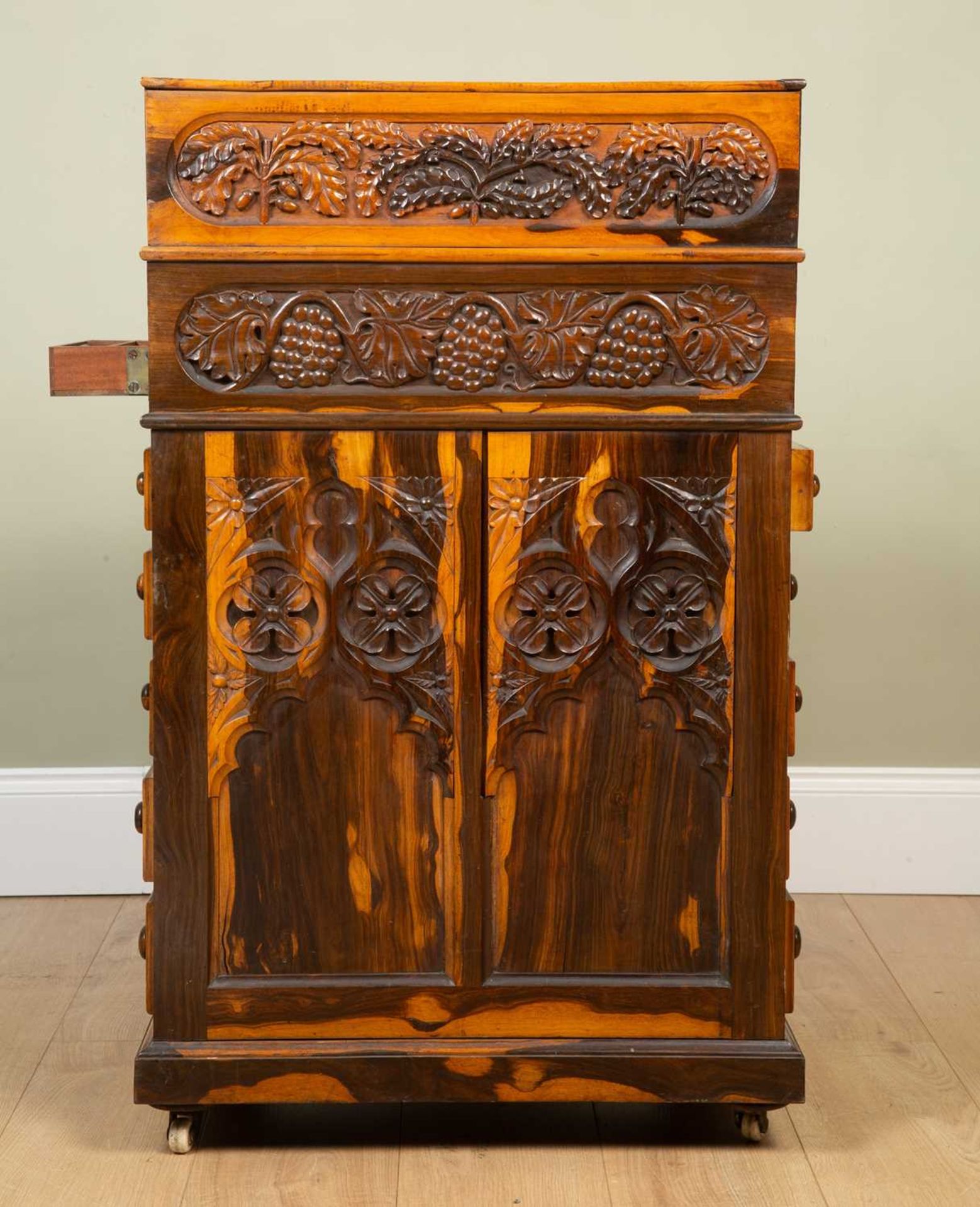 A William IV laburnum wood davenport desk, with Gothic blind tracery panels to the front and back, - Image 2 of 4