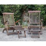 A pair of teak folding steamer chairs, with brass mounts, each approximately 60cm wide, 150cm