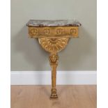 A marble-topped console table in giltwood with gesso flowers and lion head mask on support