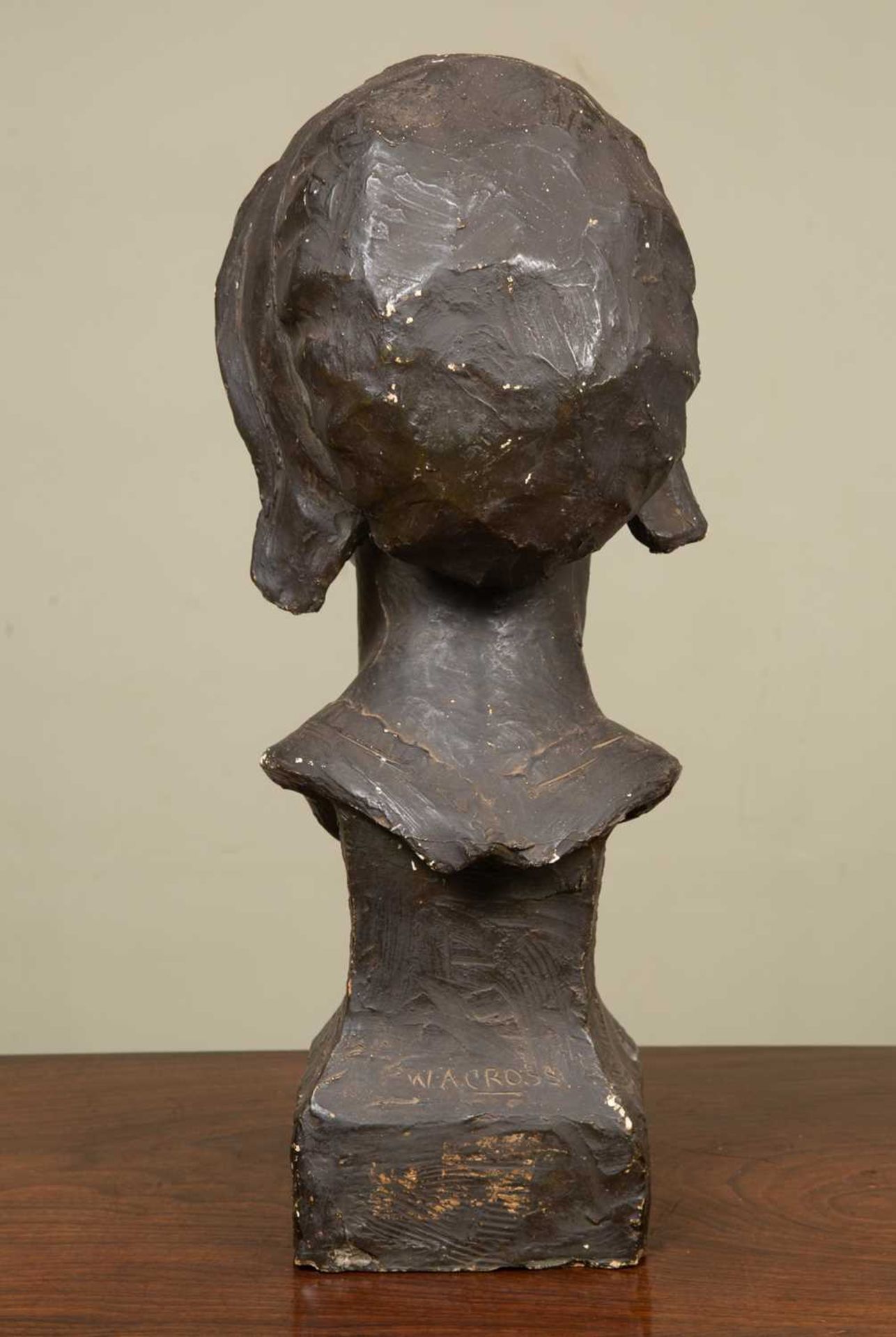 W A Cross (20th Century school), Bust of a lady in a bonnet, painted plaster, signed to the reverse, - Image 3 of 6