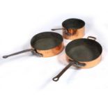 Three large French copper saucepans, c.1900, one stamped 'Jules Gaillard', two with initials 'W.H.