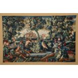 A needlework tapestry picture depicting flamingos in an extensive garden with a country house in the