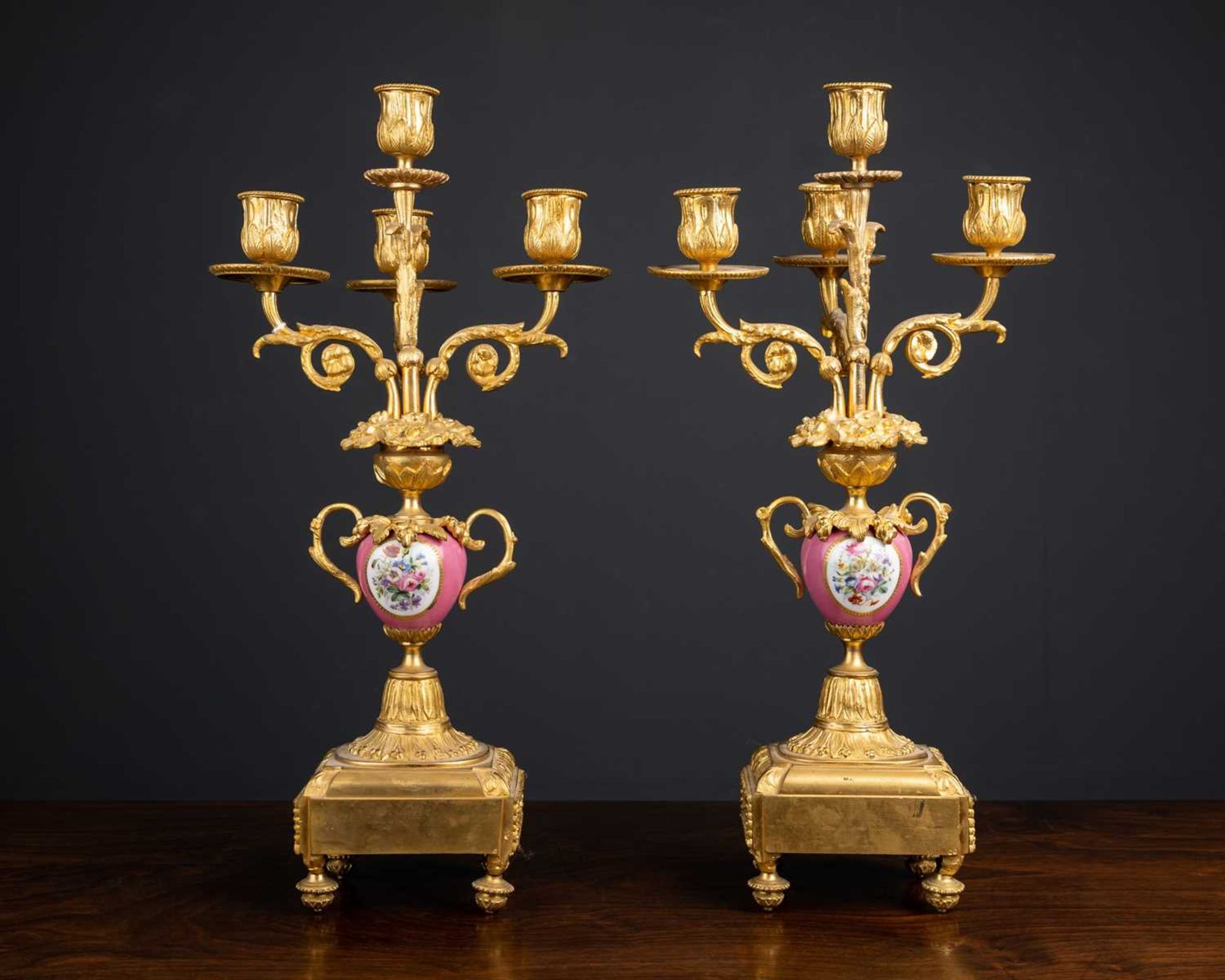 A pair of ormolu and porcelain candelabra, the pink porcelain bodies with cherub panel, 43cm high ( - Image 2 of 6