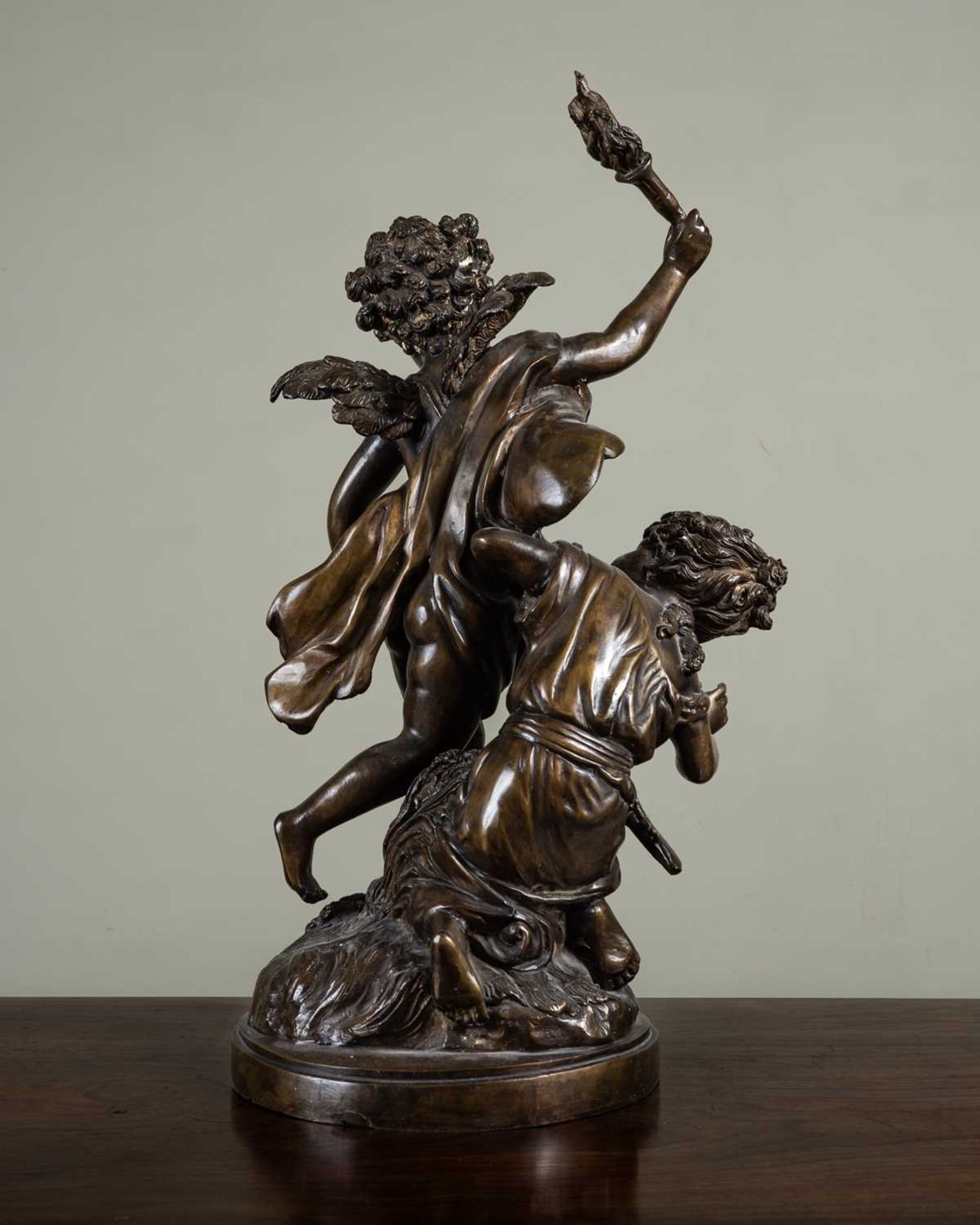 After Edme Bouchardon blindfolded cupid being teased by girl, bronze, on a circular plinth base, - Image 2 of 2