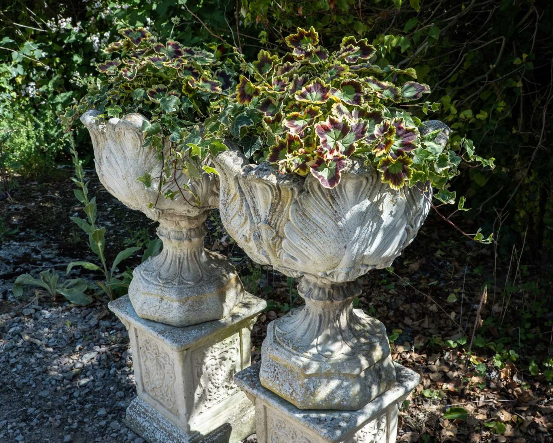 A pair of cast reconstituted stone garden urns decorated with acanthus leaves on octagonal bases and - Image 2 of 4