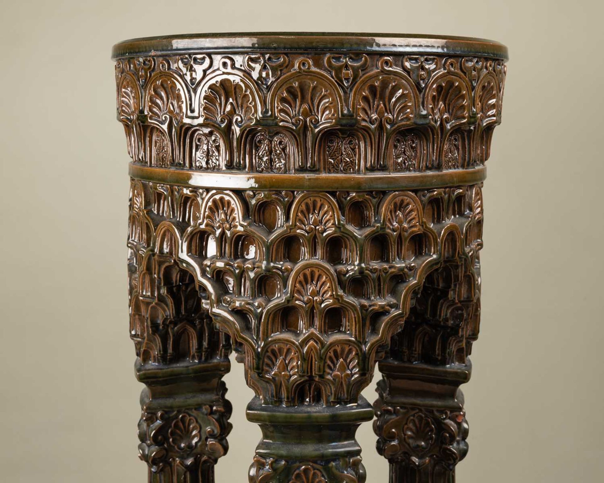 A Clement Massier (1844-1917) Alhambra jardiniere stand in green glazed terracotta, 42.5cm diameter, - Image 4 of 6