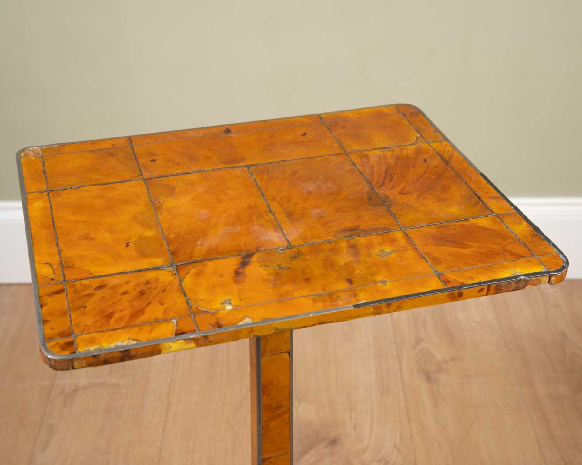 A tortoiseshell veneered wine table, the square metal inlaid top on tapering support and triform - Image 2 of 5
