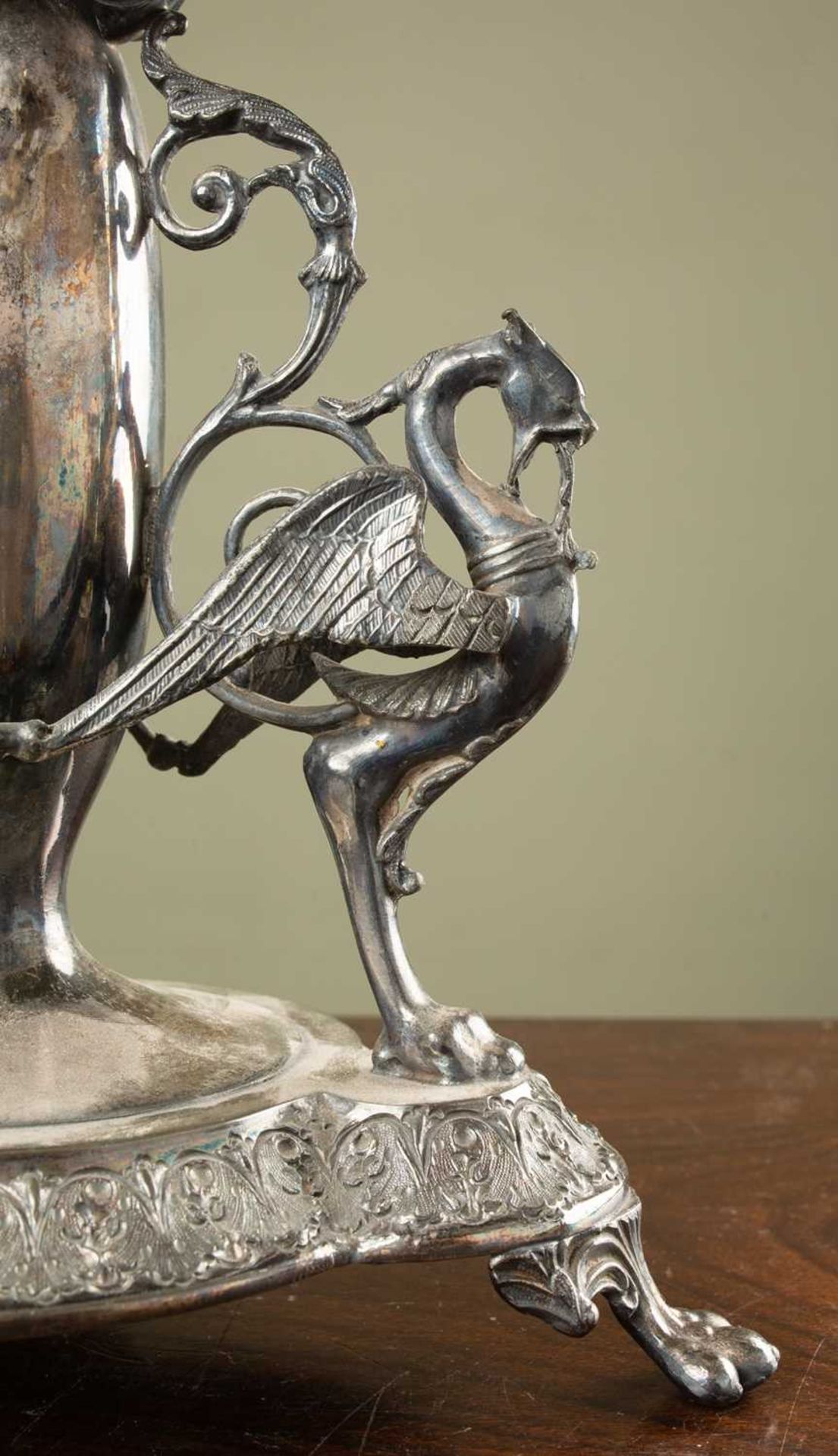 A silver plated and cut glass centre piece, the cut glass crystal top on tripod base with winged - Image 2 of 4