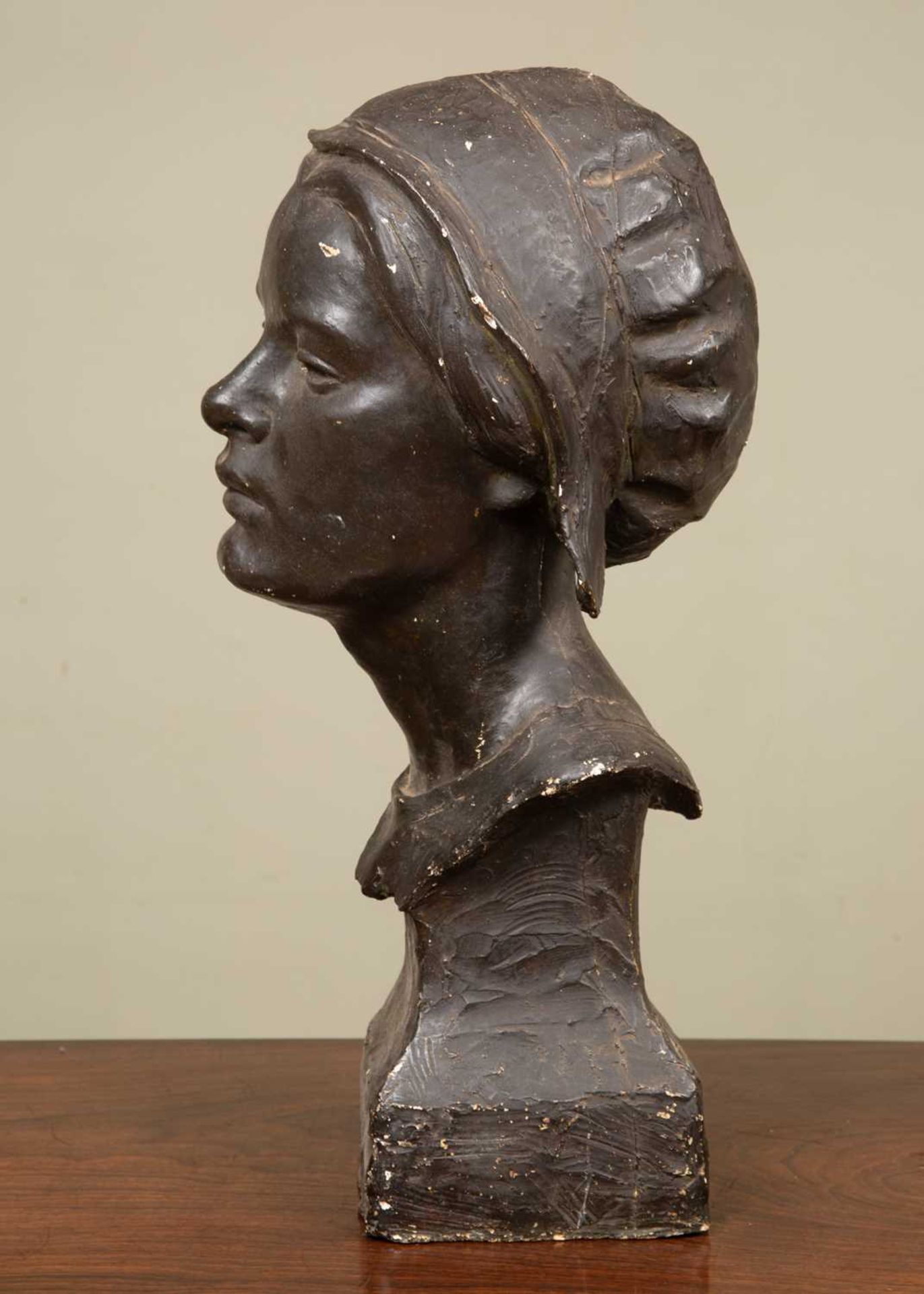 W A Cross (20th Century school), Bust of a lady in a bonnet, painted plaster, signed to the reverse, - Image 2 of 6
