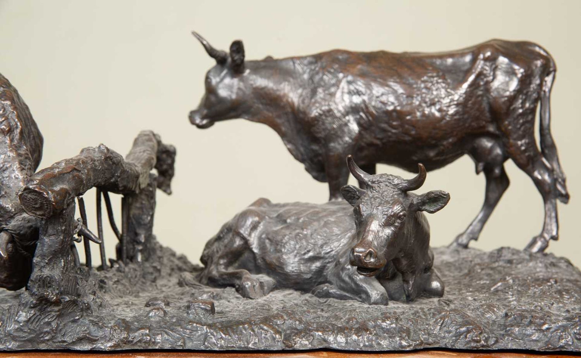 After Jean Baptiste Berre (1777-1839) A bull and two cows either side of a fence, bronze, bearing - Image 2 of 6