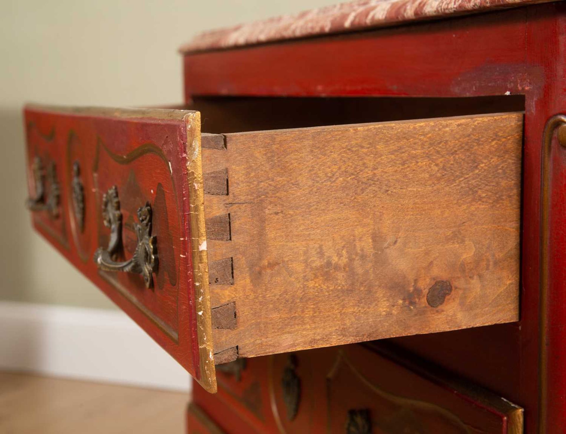 A red ground Jappaned marble-topped hardwood commode, with three drawers, panelled sides and on - Image 3 of 6