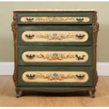 A green and white painted marble topped secretaire chest, with brass swan neck handles and painted