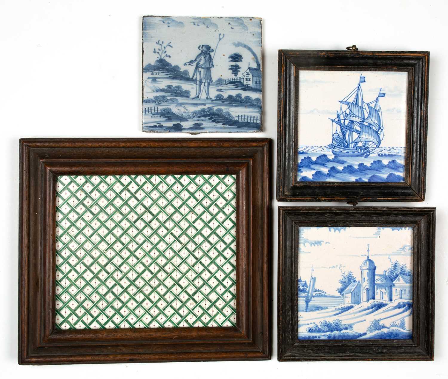 A mixed group of various antique and modern tiles to include three blue and white Dutch Delftware