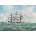 John Millington (1891-1948), Tea Clipper with Destroyer ahead, watercolour, signed lower right,