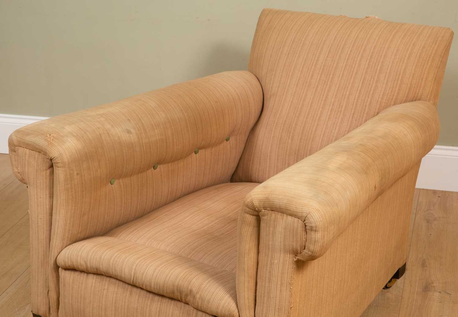 An Edwardian deep armchair, with square tapering front legs and brass casters, 90cm wide, 106cm - Image 4 of 6