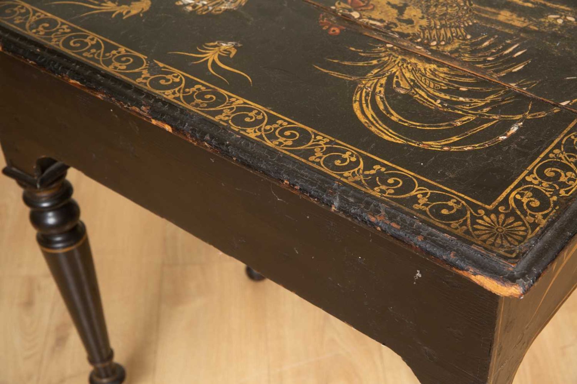 An early 18th century and later black lacquered chinoiserie decorated lowboy, with village and - Image 6 of 7