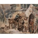 Henry Stacy Marks (1829-1898) Figures outside a church in a winter landscape, watercolour, signed