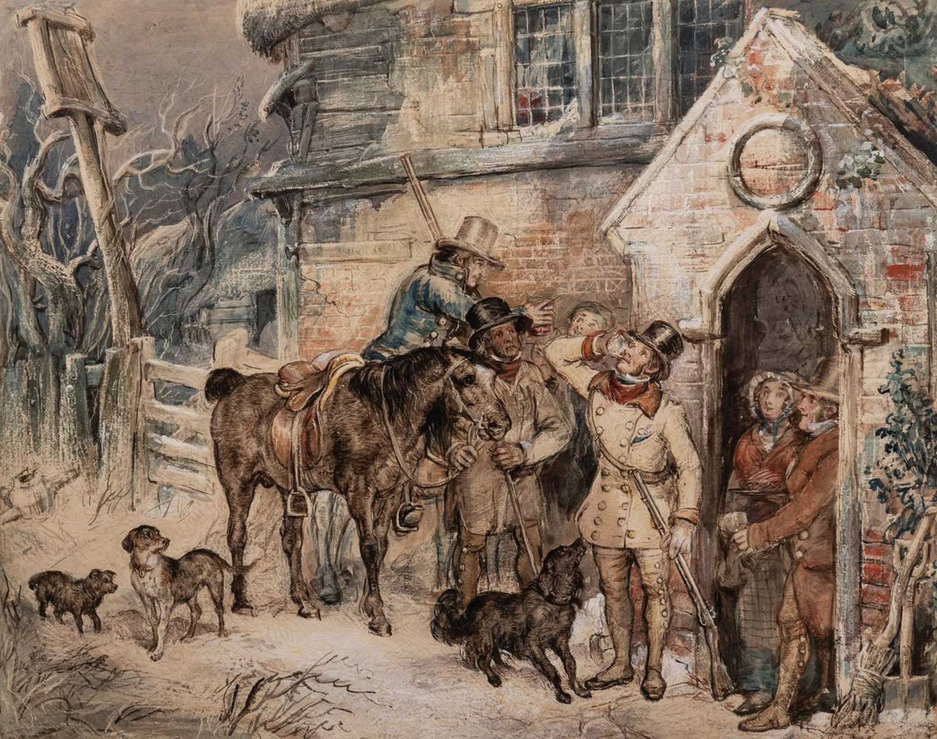 Henry Stacy Marks (1829-1898) Figures outside a church in a winter landscape, watercolour, signed