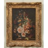 A still life, flowers in a vase, oil on board, unsigned, framed, 21cm x 29cm; together with two