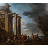 Manner of Panini, figures in a classical landscape beside a ruined temple, oil on canvas,