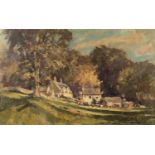 John Neale (20th century) A Rural scene with cows outside cottages, oil on board, signed lower
