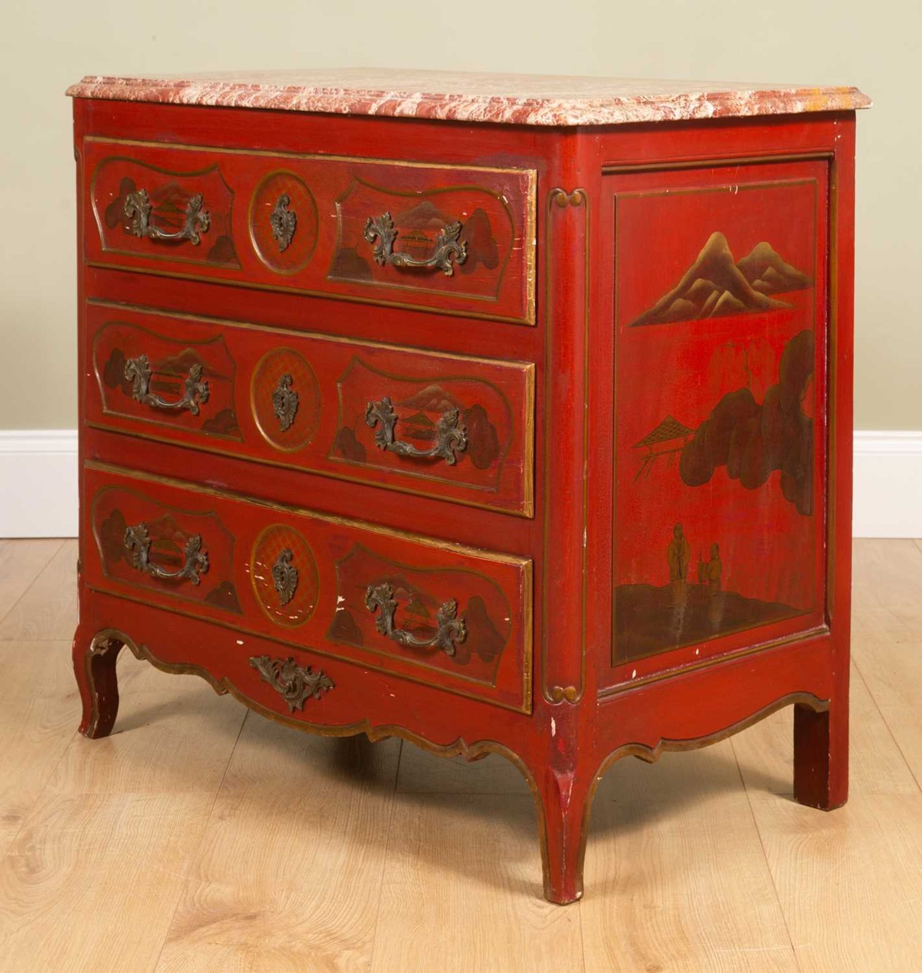 A red ground Jappaned marble-topped hardwood commode, with three drawers, panelled sides and on - Image 2 of 6