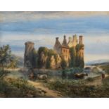 Richard Principal Leitch (1827-1882) Cows in the foreground of a ruined highland castle,