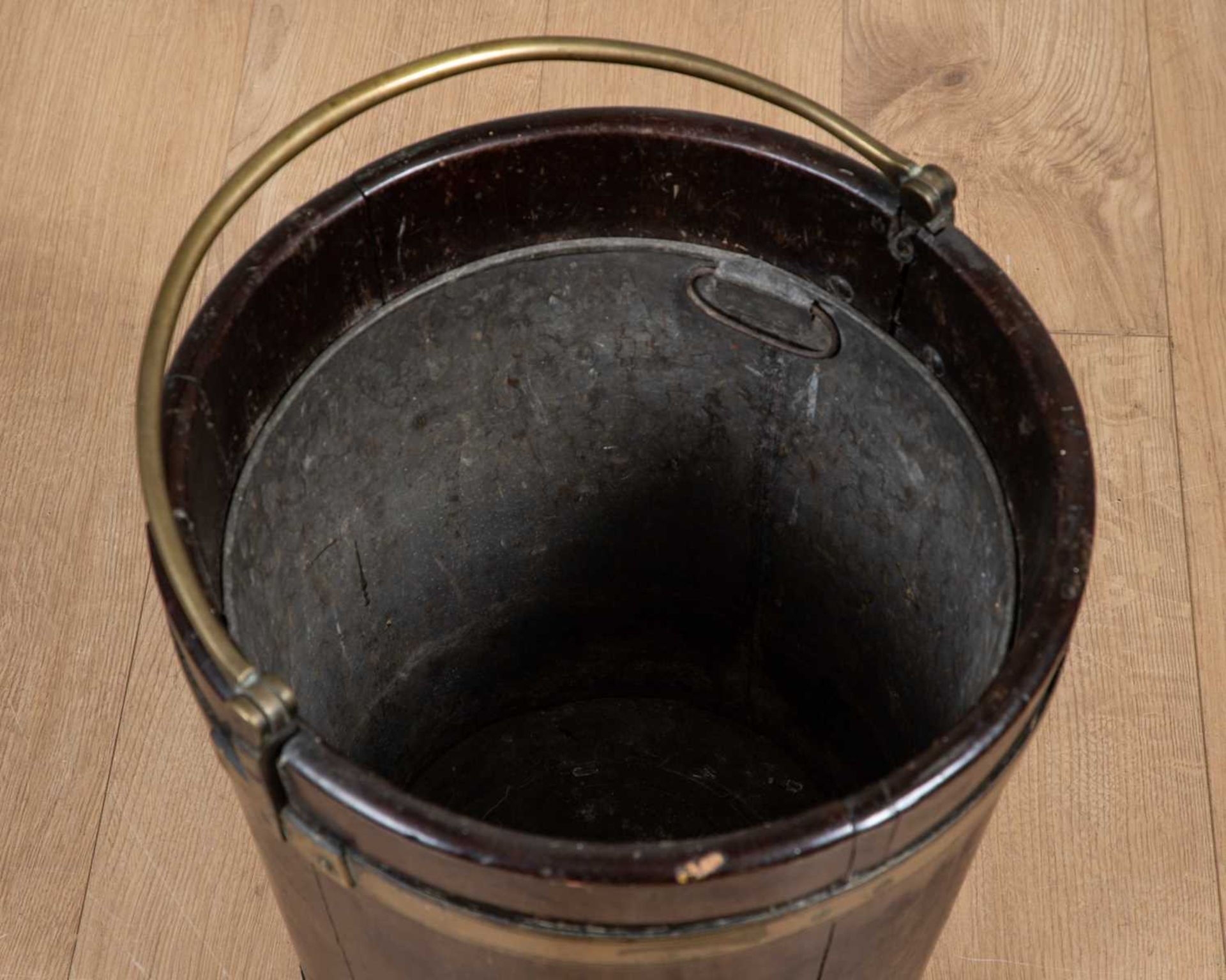A George III brass bound mahogany peat bucket with hinged looping handle and later zinc liner, - Image 2 of 2