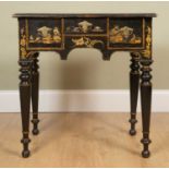 An early 18th century and later black lacquered chinoiserie decorated lowboy, with village and