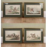 A set of four humorous hand coloured hunting prints after James Gillray; 'Hounds Throwing-Off'; '