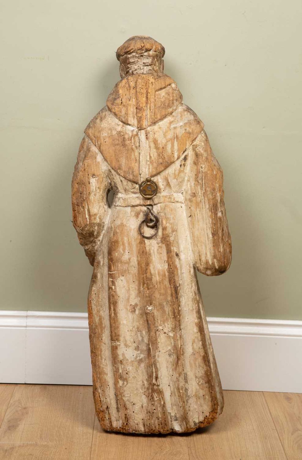 An antique, possibly 17th century, continental carved pine sculpture depicting a monk dressed in his - Image 2 of 3