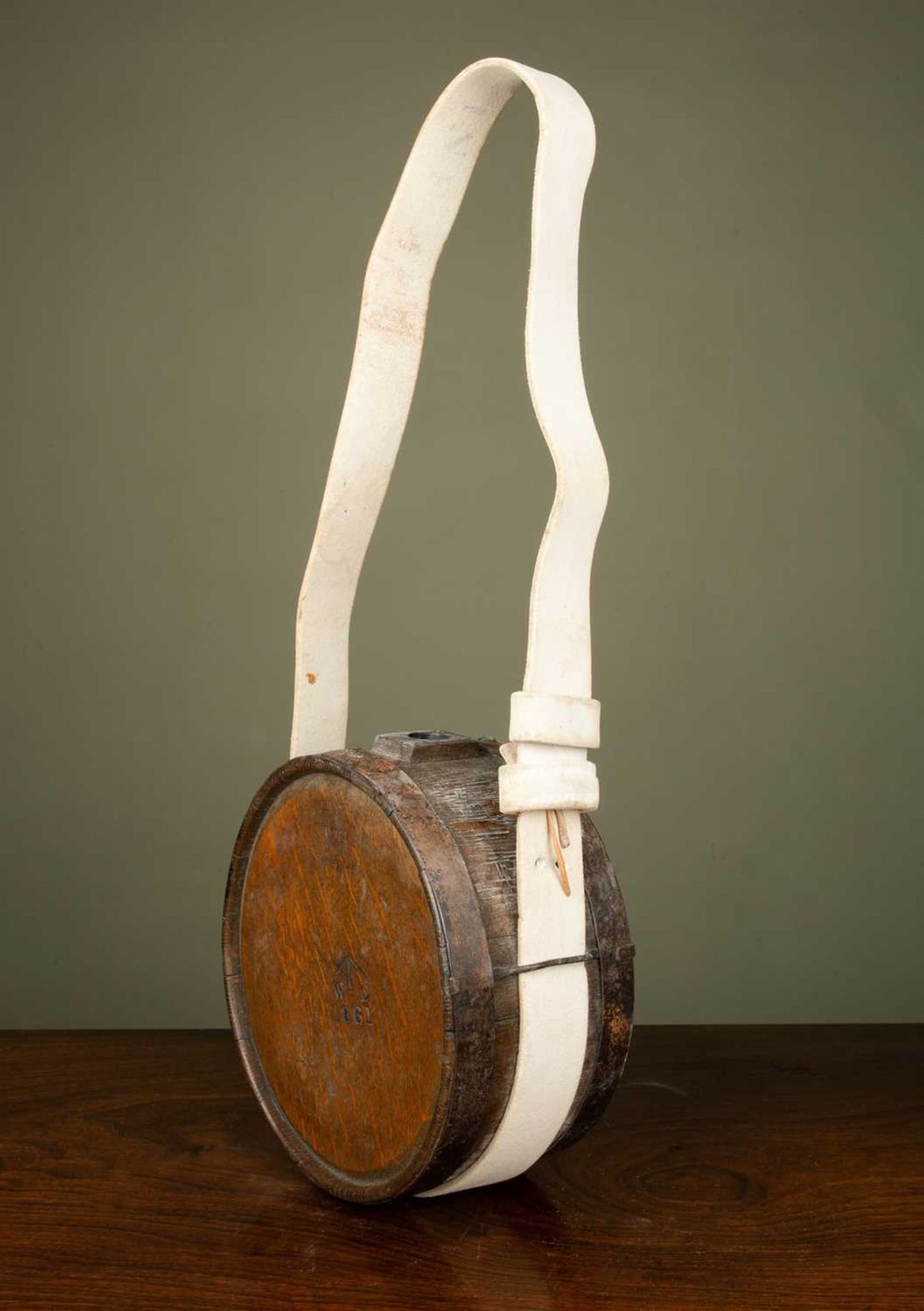 A 19th century coopered, iron bound soldier's canteen, stamped 'G Brown 1860', with later white - Image 2 of 5