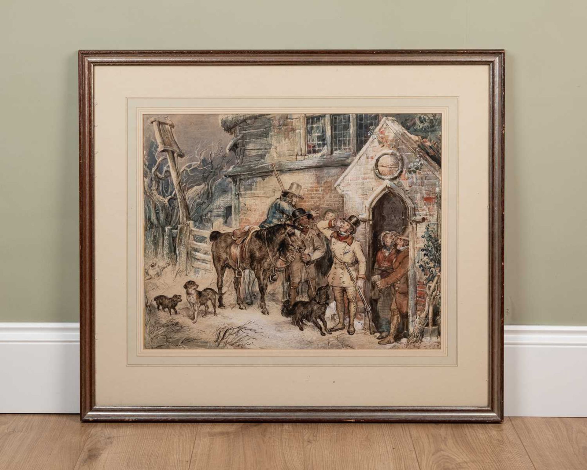 Henry Stacy Marks (1829-1898) Figures outside a church in a winter landscape, watercolour, signed - Image 2 of 4