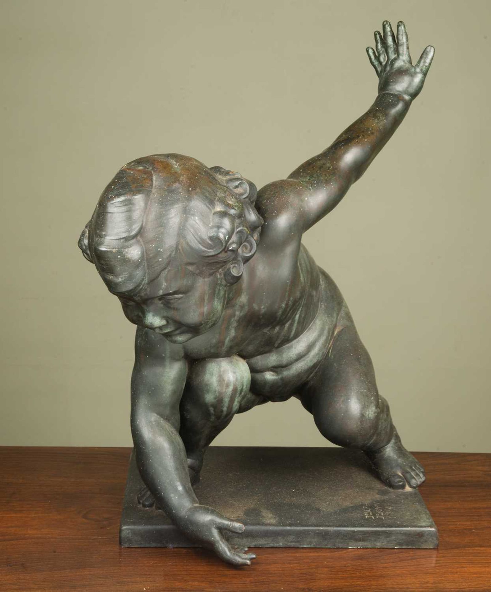 Joseph Josephu (1889-1970) crouching child, bronze, signed and dated 1921, approximately 38cm wide x