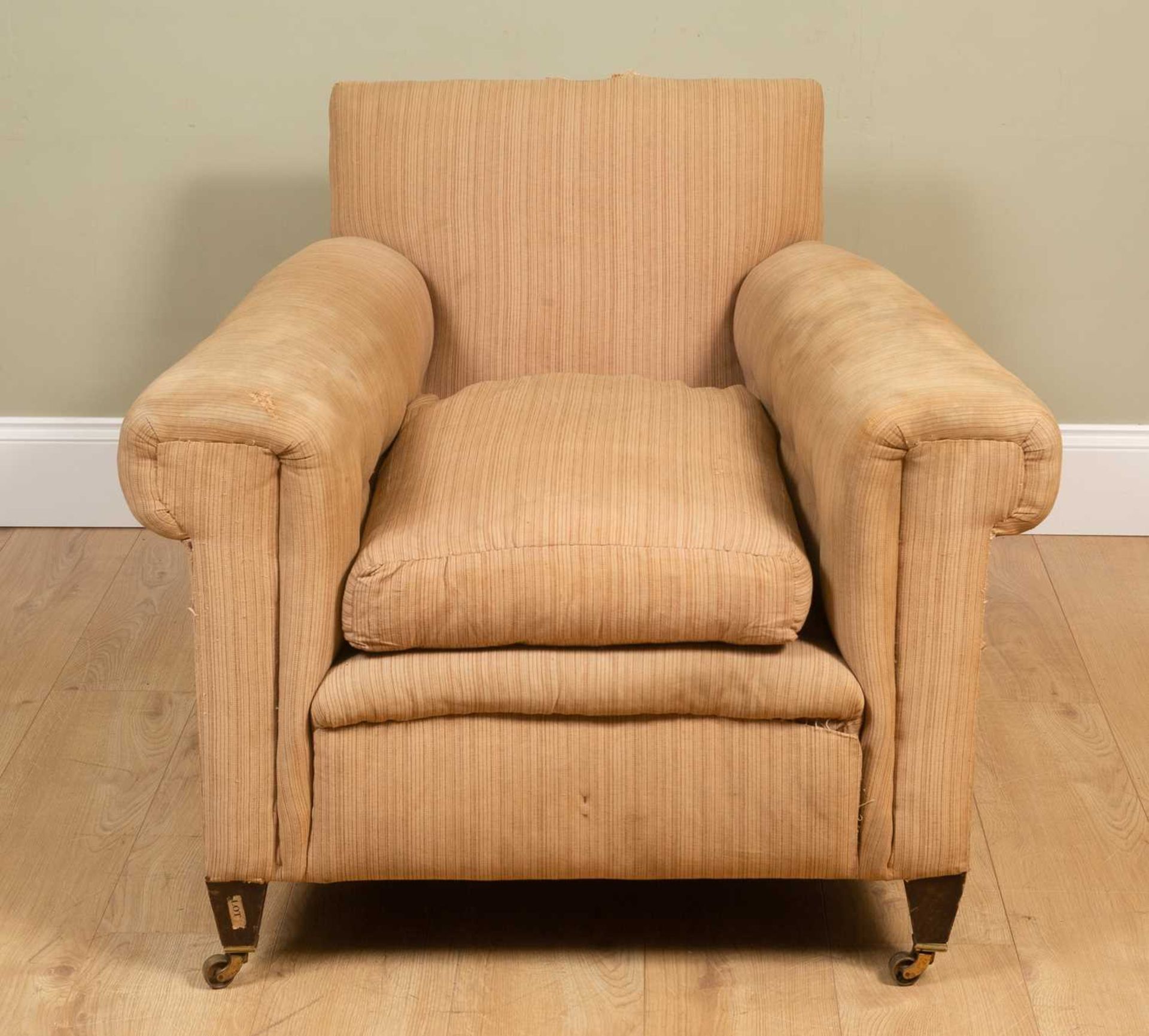 An Edwardian deep armchair, with square tapering front legs and brass casters, 90cm wide, 106cm - Image 3 of 6