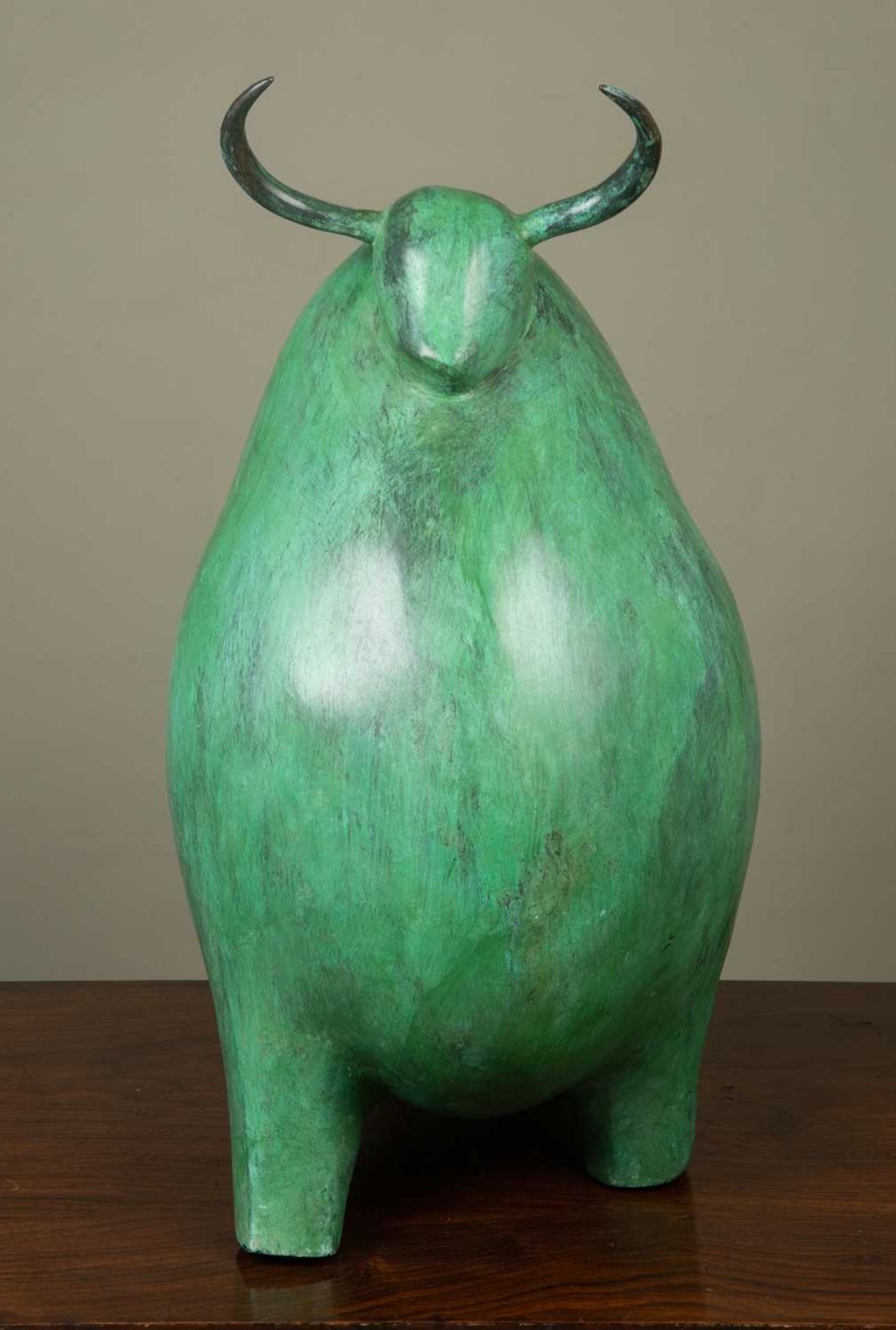 A 21st century school bronze sculpture in the form of bull with green patination, 60cm long, 55cm - Image 2 of 2