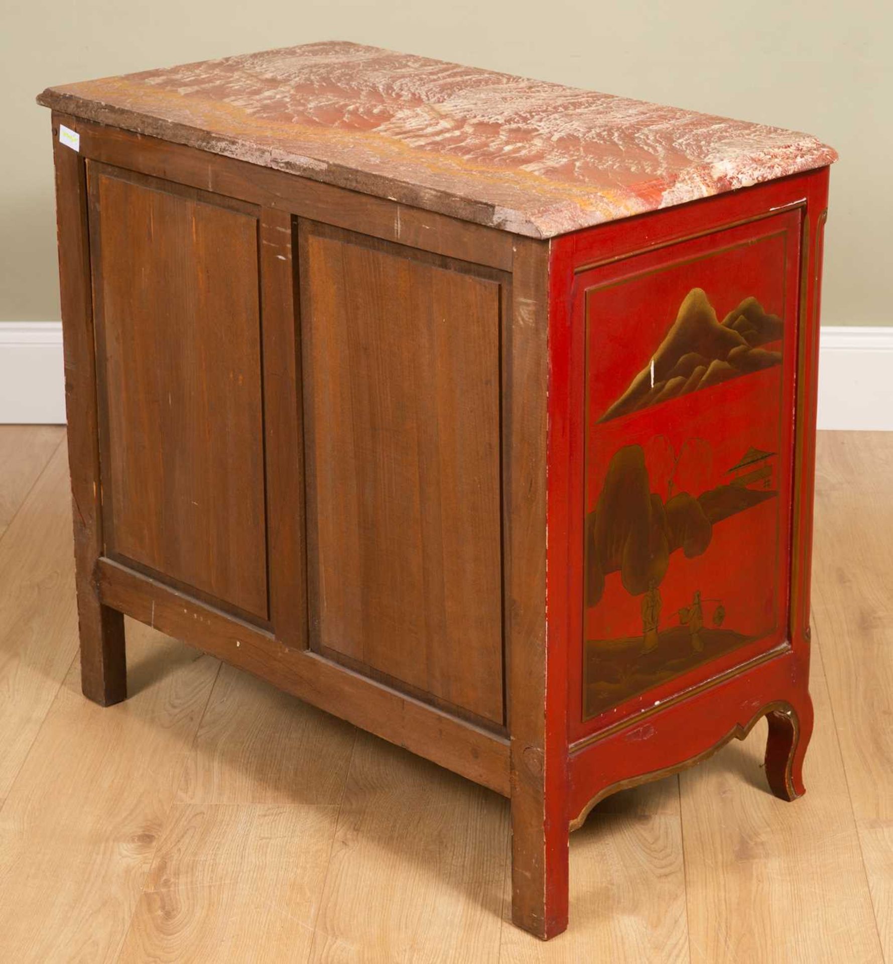 A red ground Jappaned marble-topped hardwood commode, with three drawers, panelled sides and on - Image 5 of 6