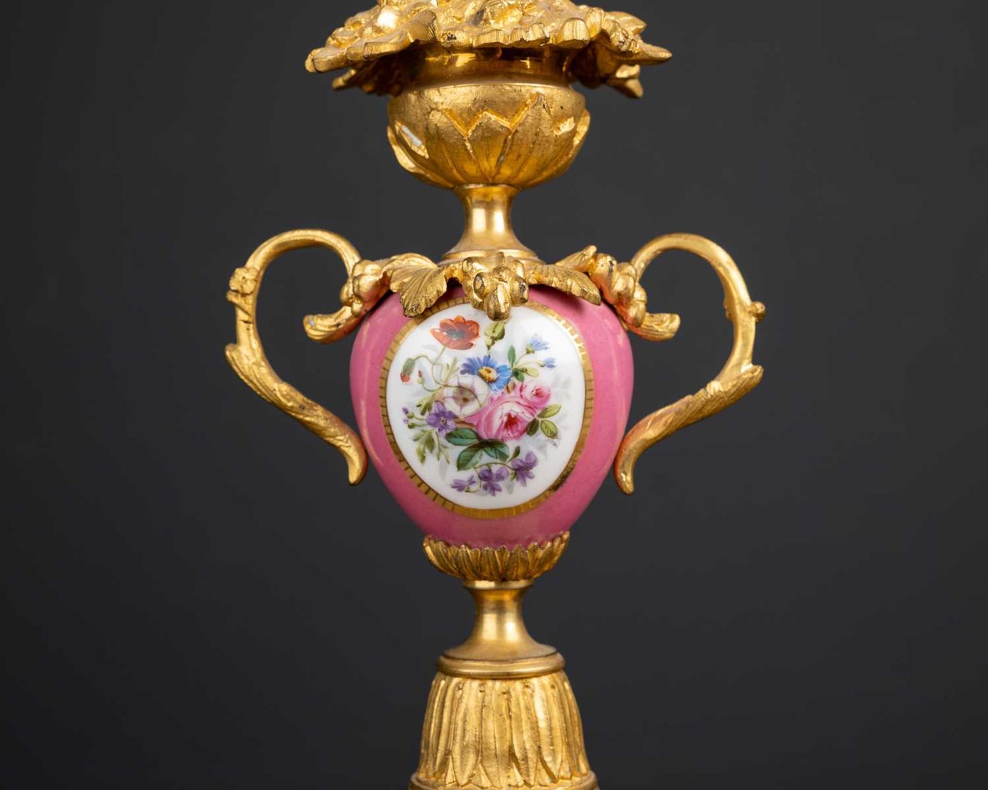 A pair of ormolu and porcelain candelabra, the pink porcelain bodies with cherub panel, 43cm high ( - Image 4 of 6