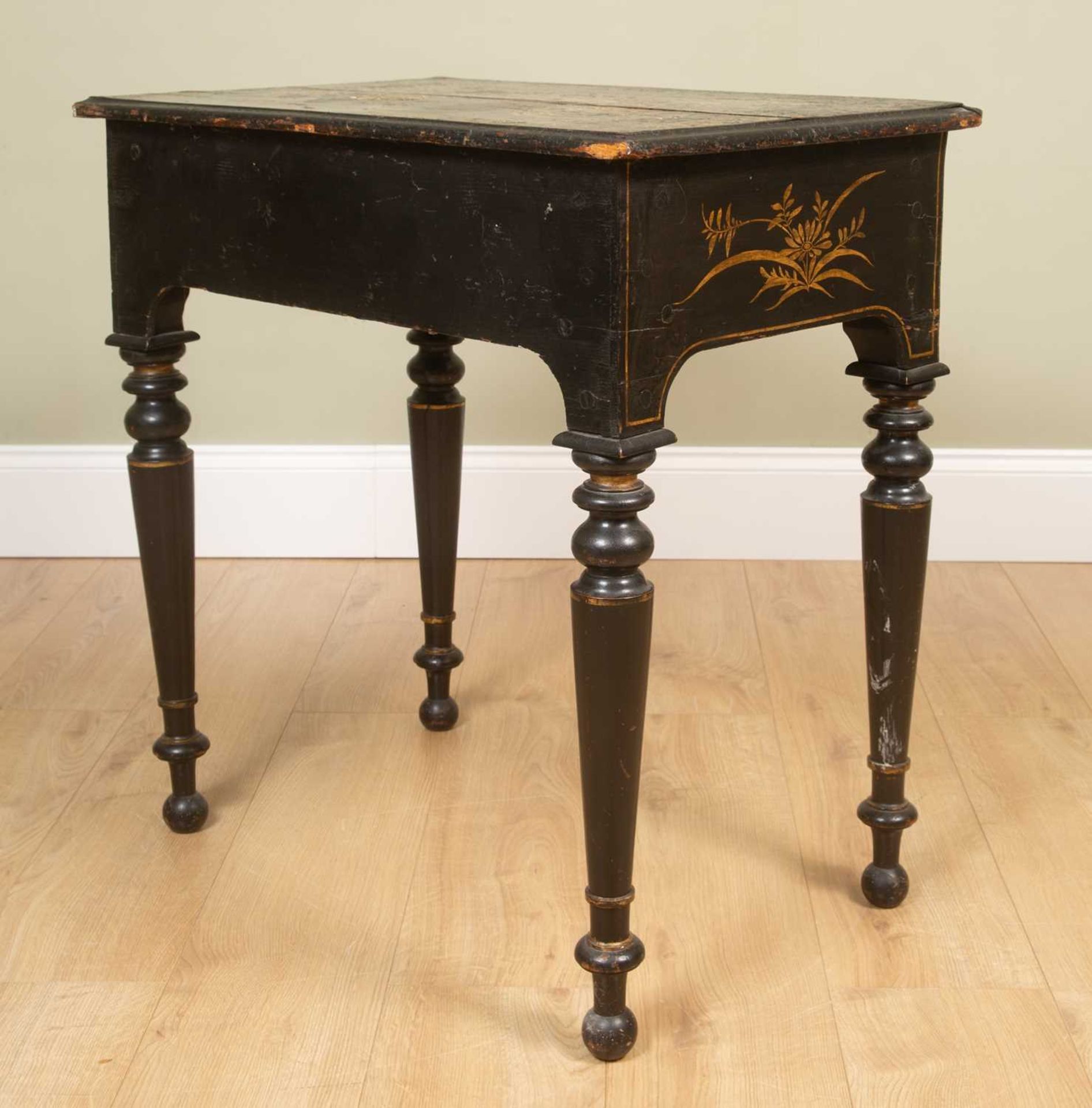 An early 18th century and later black lacquered chinoiserie decorated lowboy, with village and - Image 5 of 7