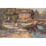 John Neale (20th century) children playing by the waterside in a Cotswold town, oil on board, signed
