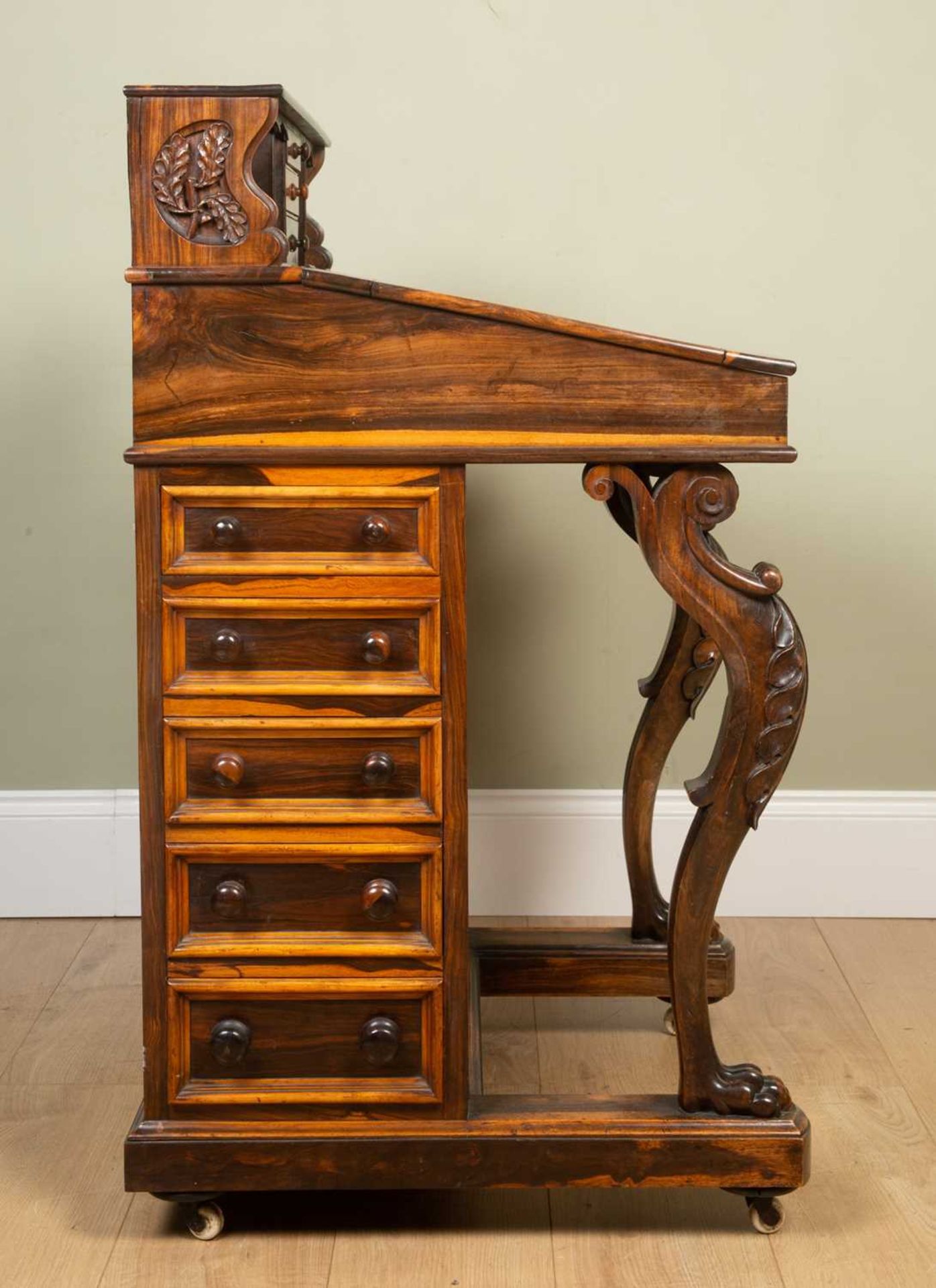 A William IV laburnum wood davenport desk, with Gothic blind tracery panels to the front and back, - Image 4 of 4