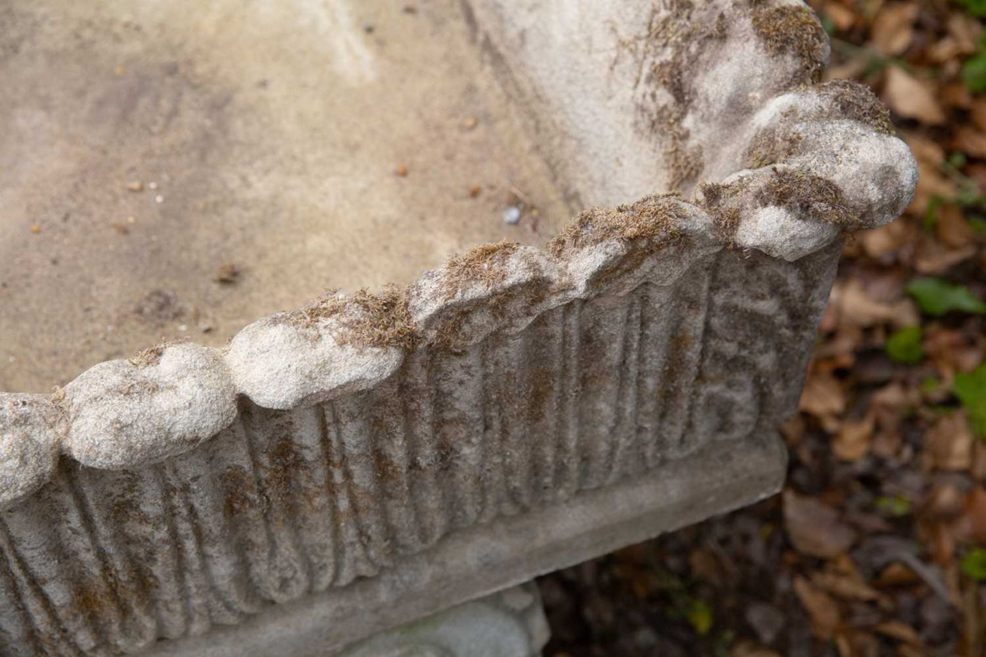 A cast reconstituted stone square planter, with acanthus leaf decoration, on scrolling supports, - Image 4 of 4