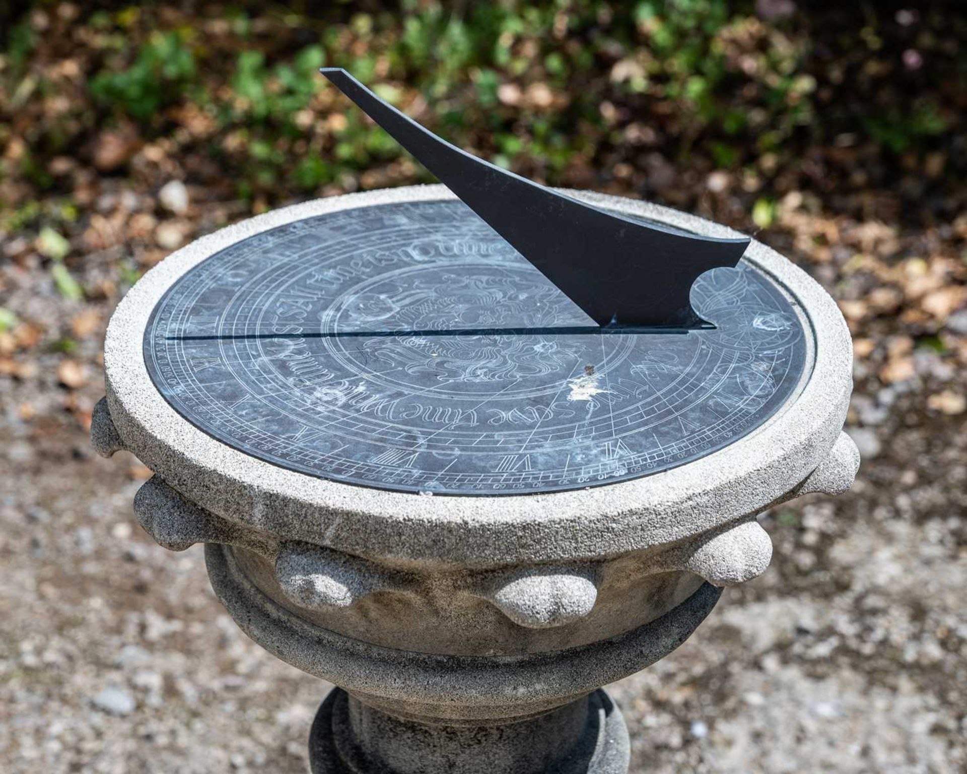 A cast reconstituted stone sundial, the brass dial plate with shapes gnomen and motto on a - Image 2 of 3